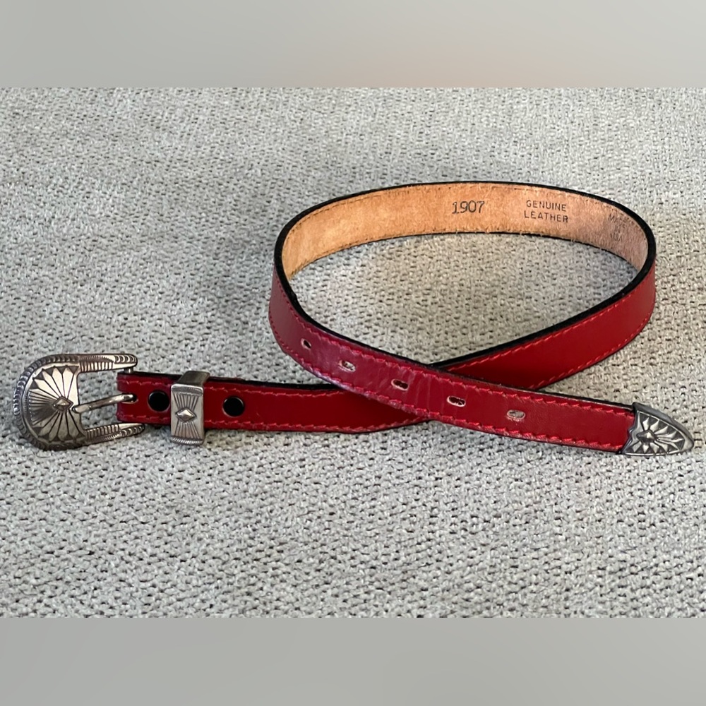 Red Leather Belt with Silver Buckle